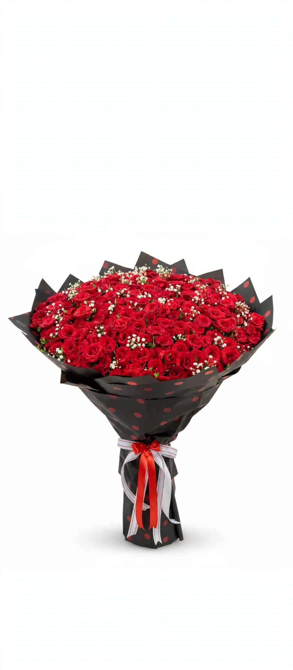Large Red Roses Bouquet with Baby's Breath — Elegant Black Wrapping