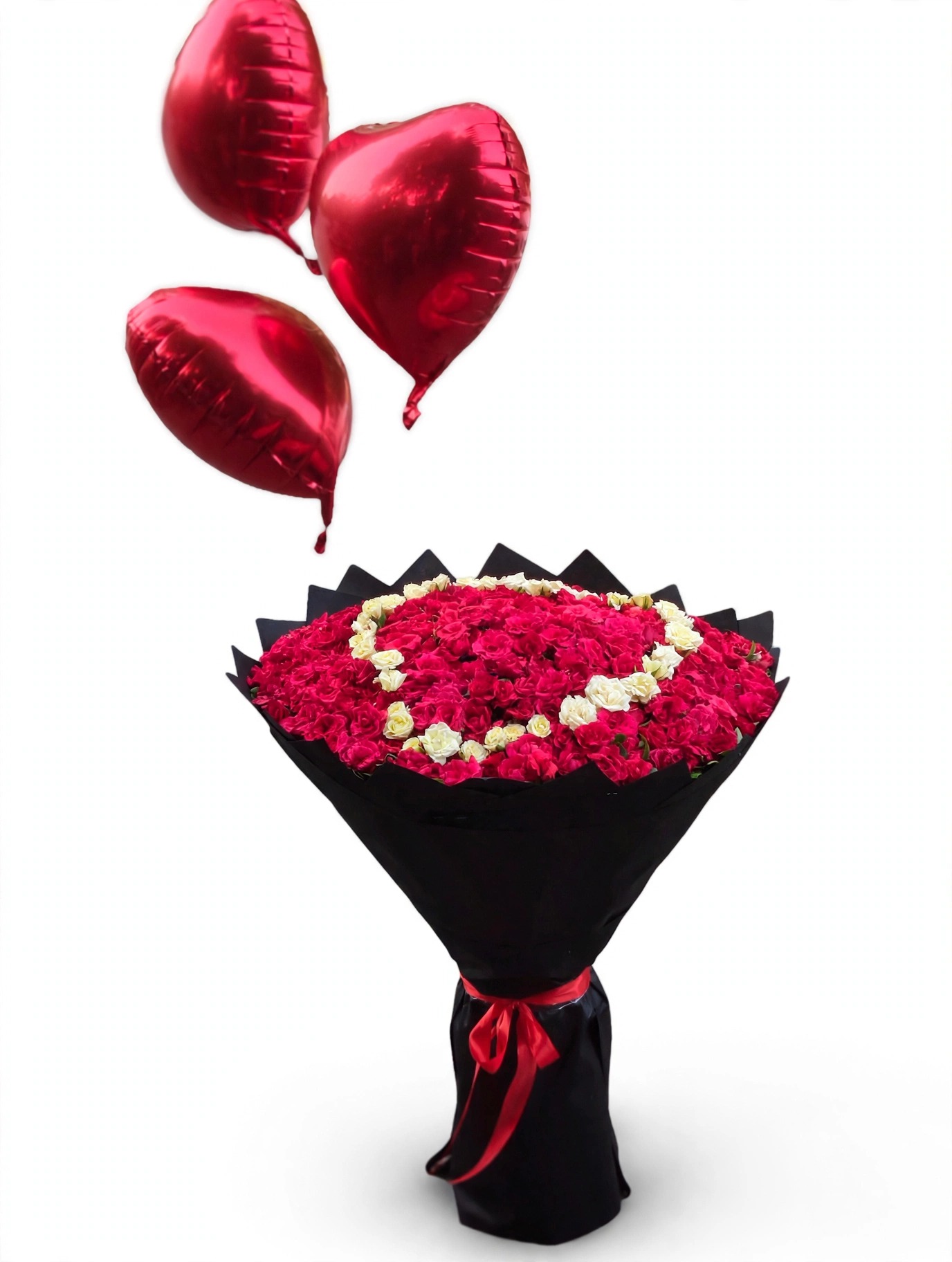 Grand Red Roses Bouquet with White Heart & Heart Balloons