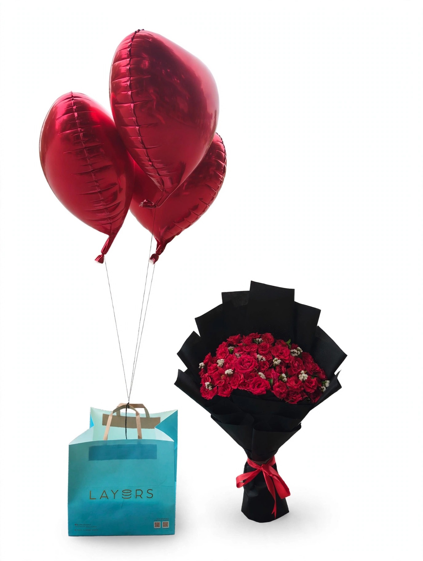 Red Roses Bouquet with Heart Balloons & Layers Cake Bag