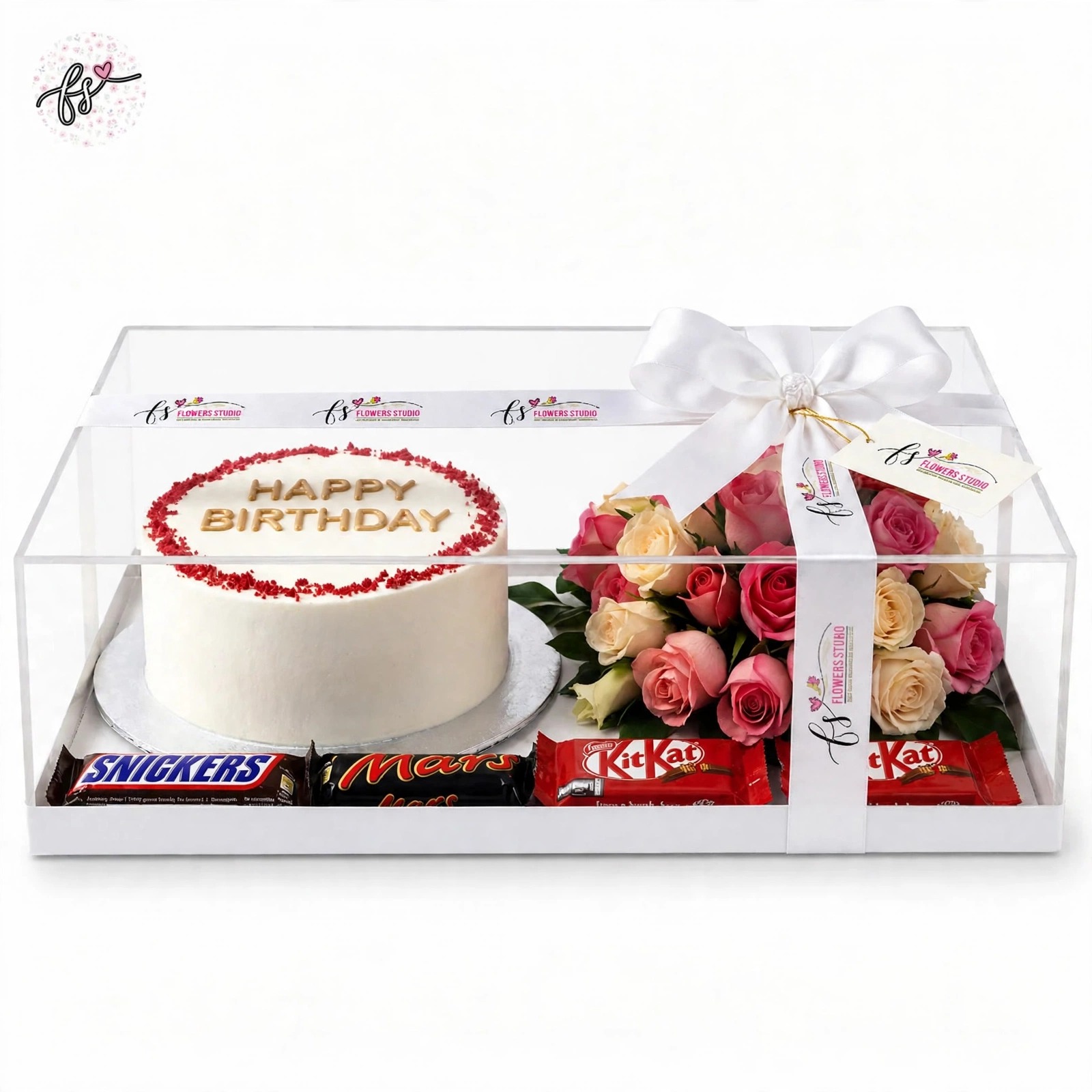 Acrylic Birthday Box — Cake, Roses & Chocolates