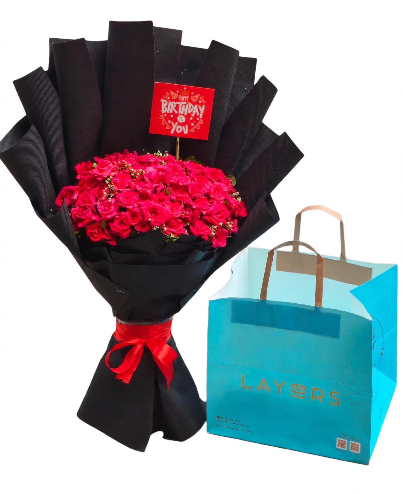 Red Roses Birthday Bouquet — Black Wrapping with Layers Cake Bag