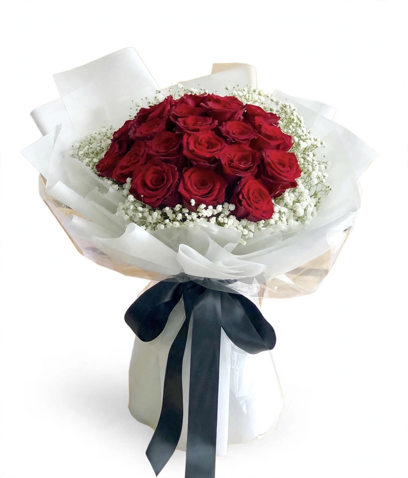 Red Roses Bouquet with Baby's Breath — White Wrapping