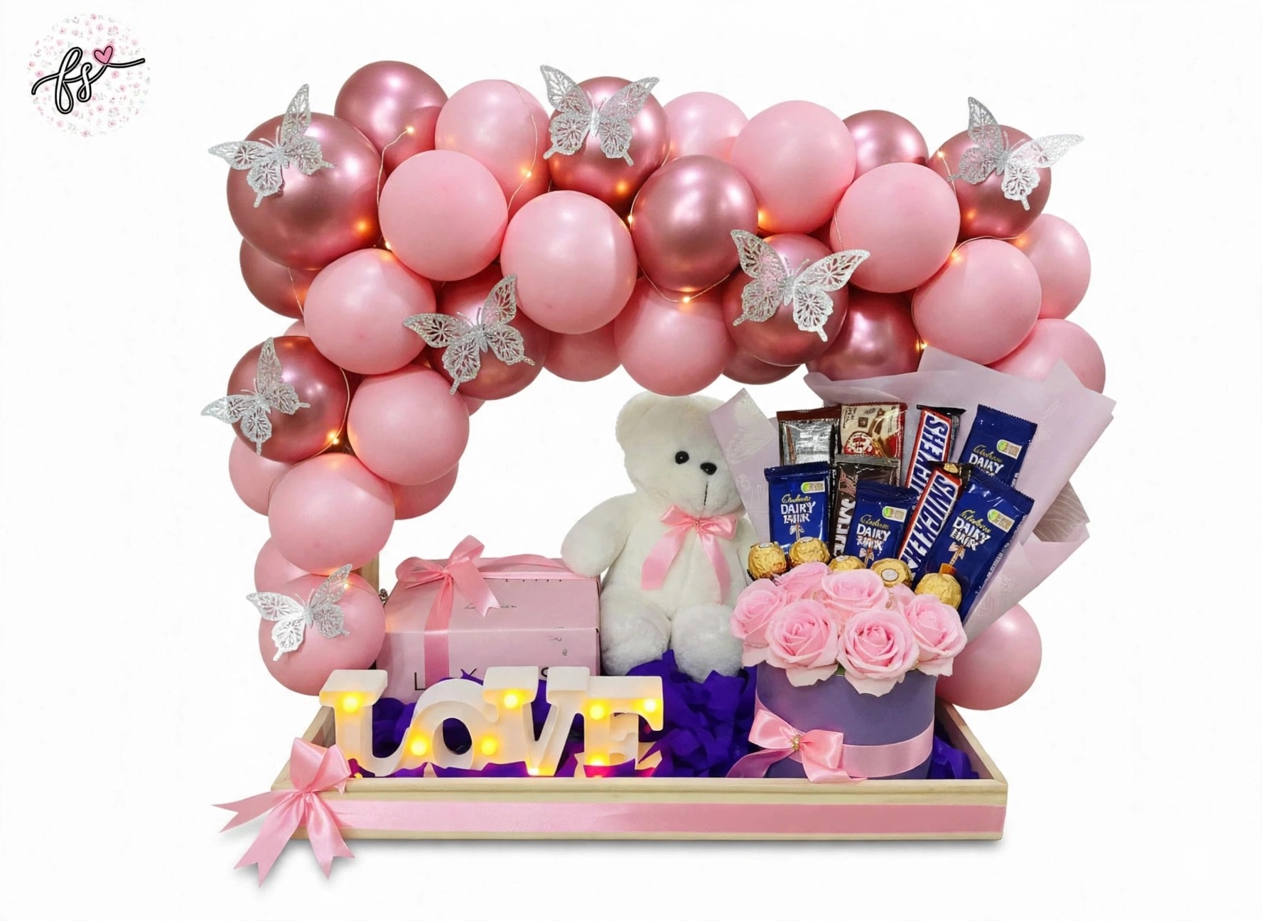 Pink Balloon LOVE Tray with Teddy & Chocolates