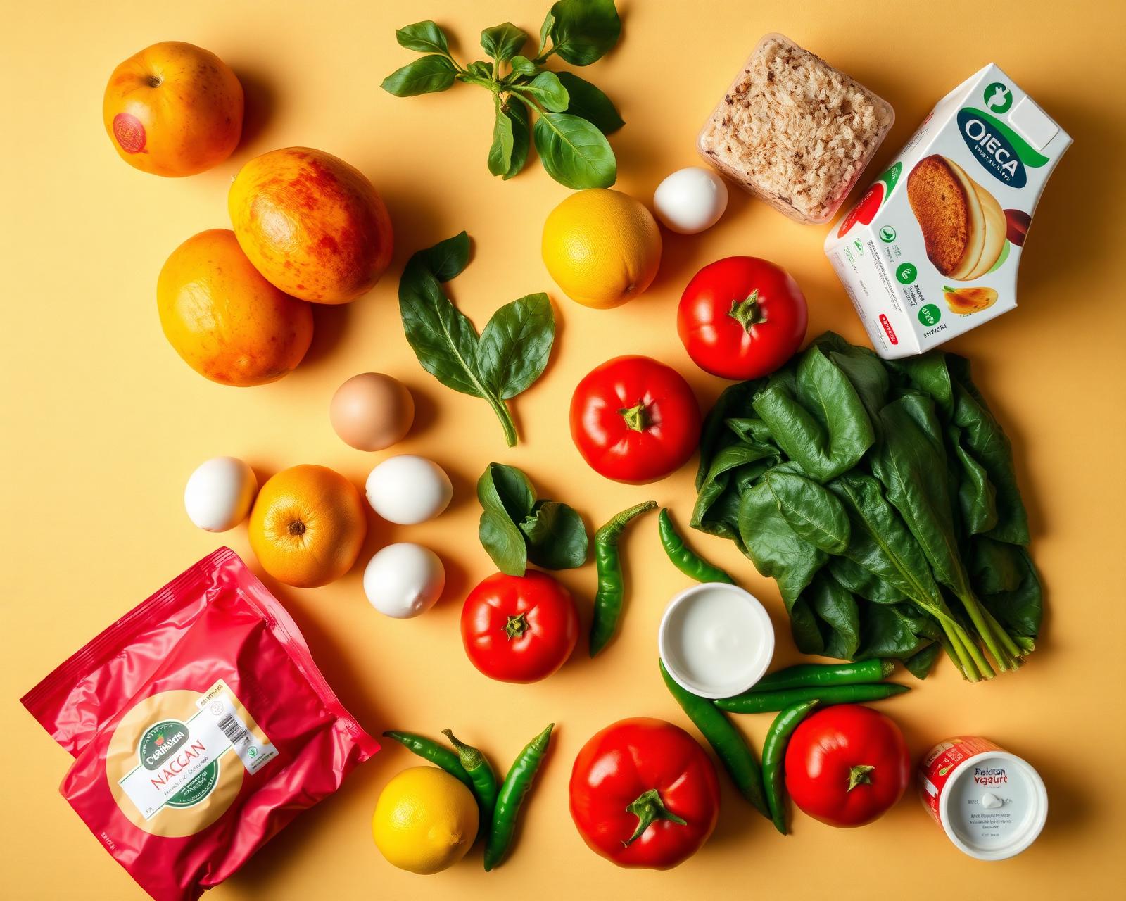 Fresh Pakistani groceries — mangoes, spinach, tomatoes, milk, naan and rice from delivery.pk