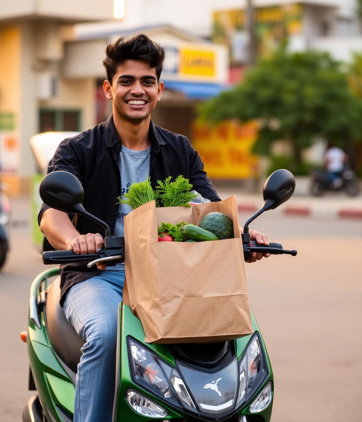 delivery.pk rider with a fresh bag of groceries on an electric scooter
