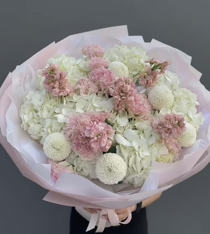 White Hydrangea N Ping Pong Bouquet